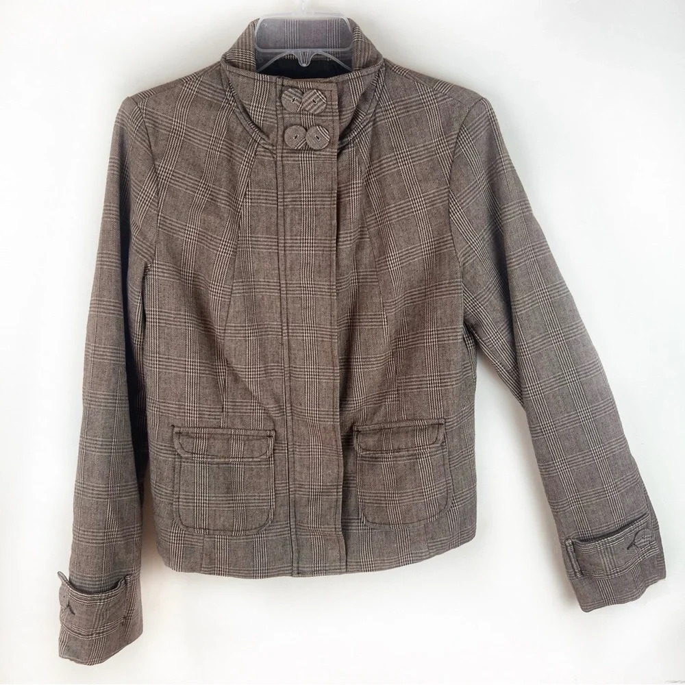 Light Academia Glen Check Plaid Jacket Brown Full Zip Lined M Houndstooth Preppy